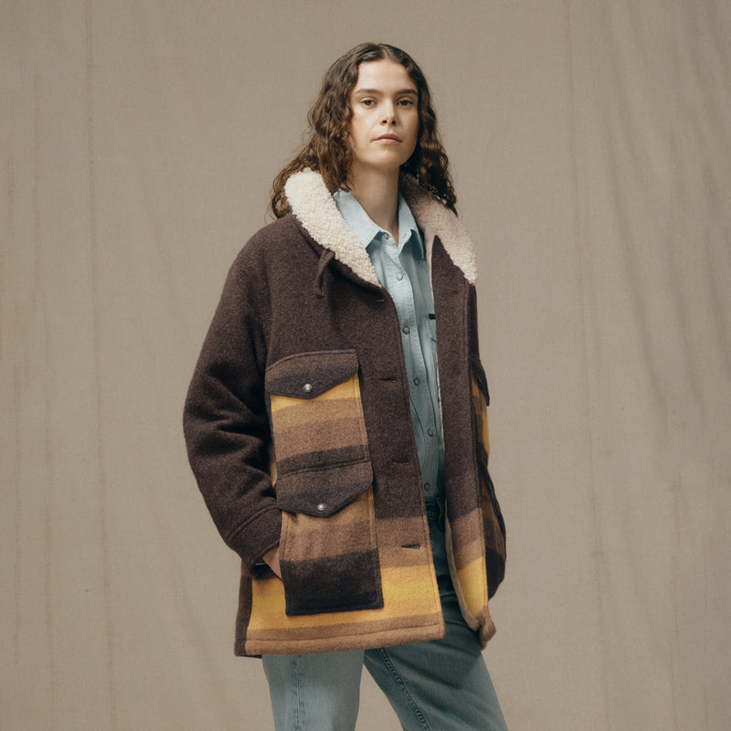 Manteau kodiak femme à col châle par Filson | Brown / yellow strip (Brown)