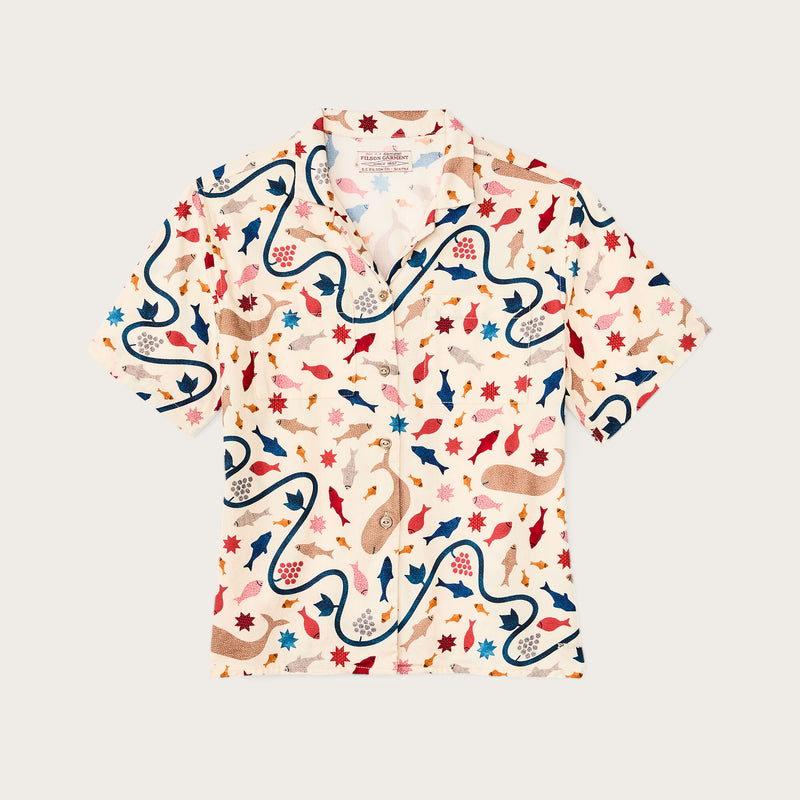 Women’s short sleeve twill camp shirt by Filson | Natural/ whale print (Beige)
