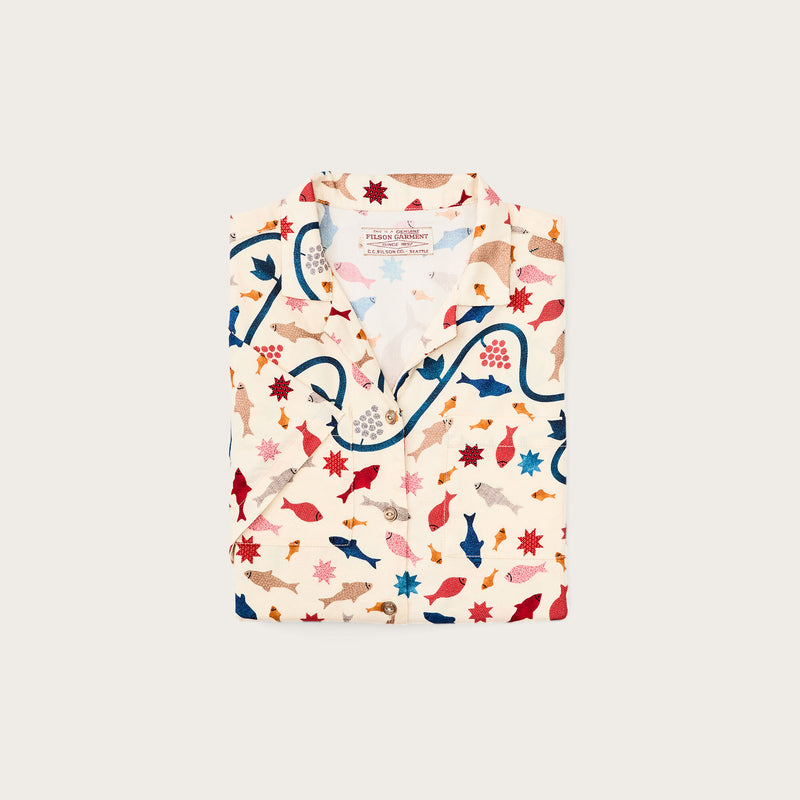 Women’s short sleeve twill camp shirt by Filson | Natural/ whale print (Beige)