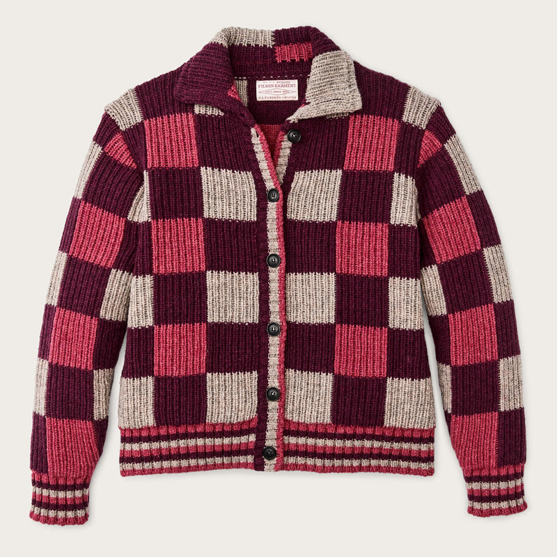 Cardigan femme en laine à carreaux par Filson | Burgundy / gray chec (Purple)