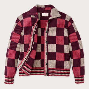 Cardigan femme en laine à carreaux par Filson | Burgundy / gray chec (Purple)