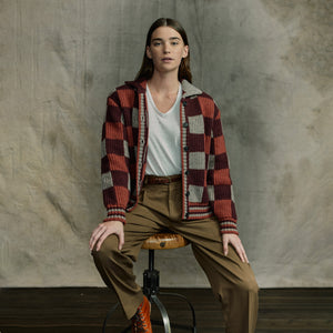 Cardigan femme en laine à carreaux par Filson | Burgundy / gray chec (Purple)