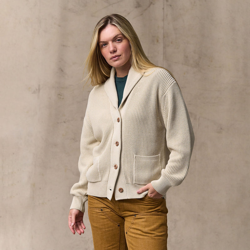 Women's cotton shawl neck cardigan von Filson | Natural (White)