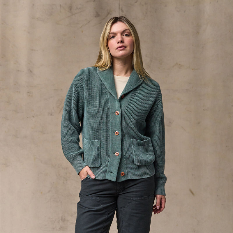Women's cotton shawl neck cardigan von Filson | Juniper (Green)