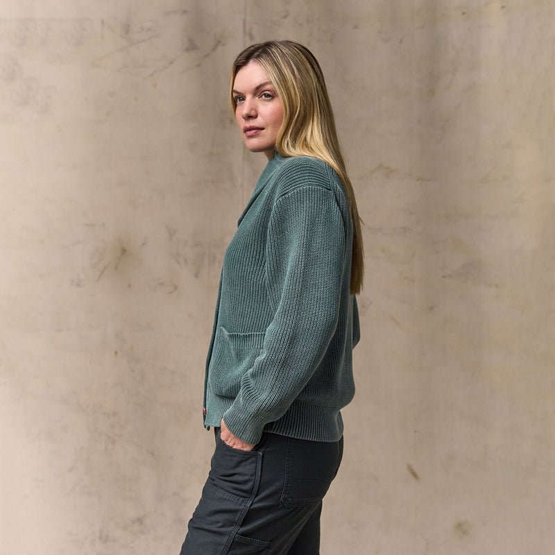 Women's cotton shawl neck cardigan von Filson | Juniper (Green)