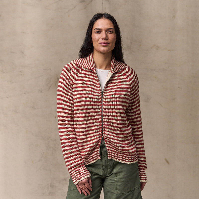 Women's cotton full-zip cardigan von Filson | Brick / sand stripe (Red)