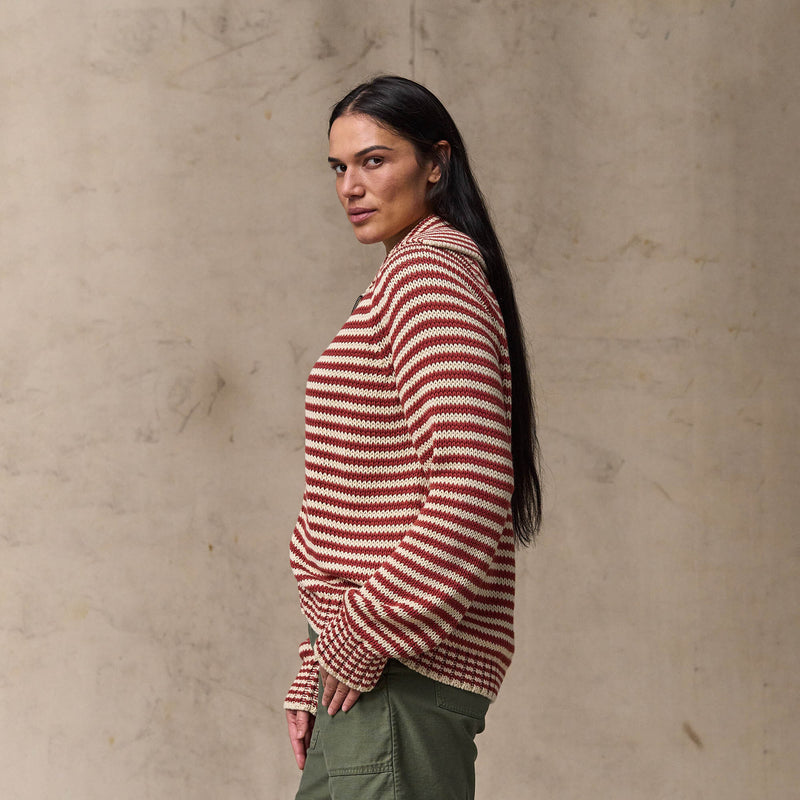 Women's cotton full-zip cardigan von Filson | Brick / sand stripe (Red)